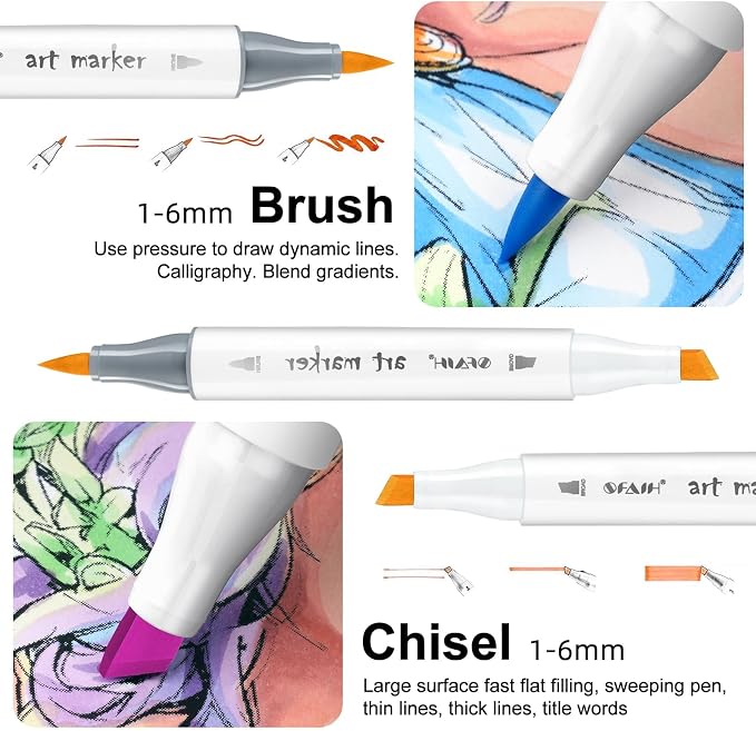 SFAIH Alcohol Markers Brush Tip & Chisel Tip - 72 Colors Double Tipped Art Markers for Adult Coloring Books Illustration, Gifts for Artist Adult - Refillable Alcohol-based Ink