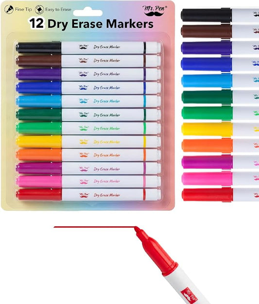 Mr. Pen- Dry Erase Markers, 12 Pack, Assorted Colors, Fine Tip | Dry Erase Whiteboard Markers for Writing on Whiteboards, Weekly Planner, Glass, School, Office, Home