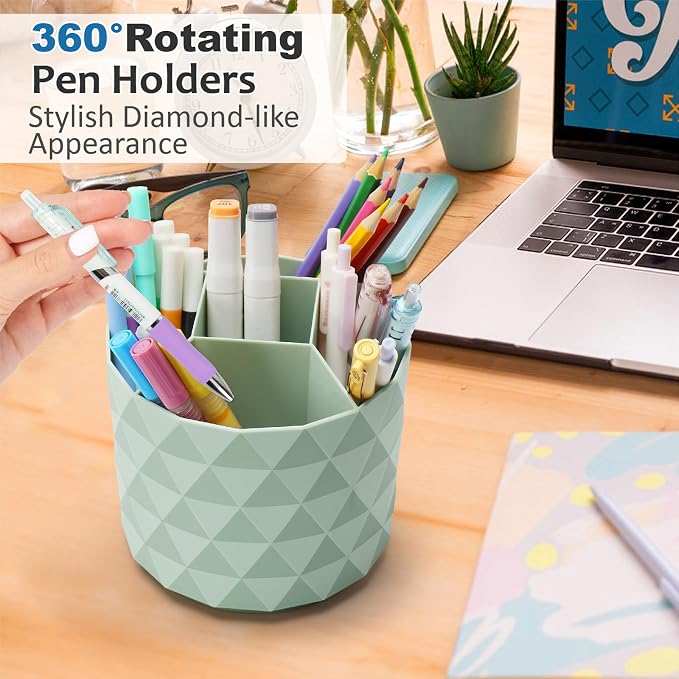 Desk Organizer, 360-Degree Rotating Pencil Pen Holders For Desk, Diamond Pattern Pen Organizer With 5 Compartments, Cute Desk Accessories Decor For Office, School,Home,Art Supply (White)