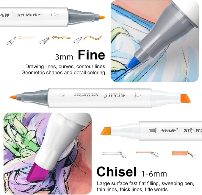 SFAIH Art Pastel Alcohol Markers Brush & Chisel Tip - 61 Dreamy Colors | Dual Tip Art Markers for Artist Adult Coloring Illustration Sketch Design, Seamless Blending, Colorless Blender, Ideal Gifts