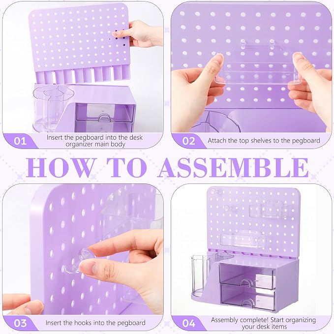 Novabright Desk Organizer with Drawers, Rotating Pen Holder with 5 Slots & Pegboard, Back to School & First Day of School Gifts, Multifunctional Desktop Storage for Desk Home Office Supplies(Purple)