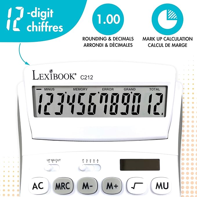 Lexibook, 12 Digit Folding Calculator C212 | Large keys, screen, solar & battery powered