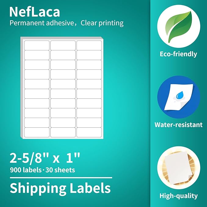 White Shipping Labels, 30 Sheets (1" x2-5/8"), 900 Labels, Printable for Laser & Inkjet Printers, Address Labels
