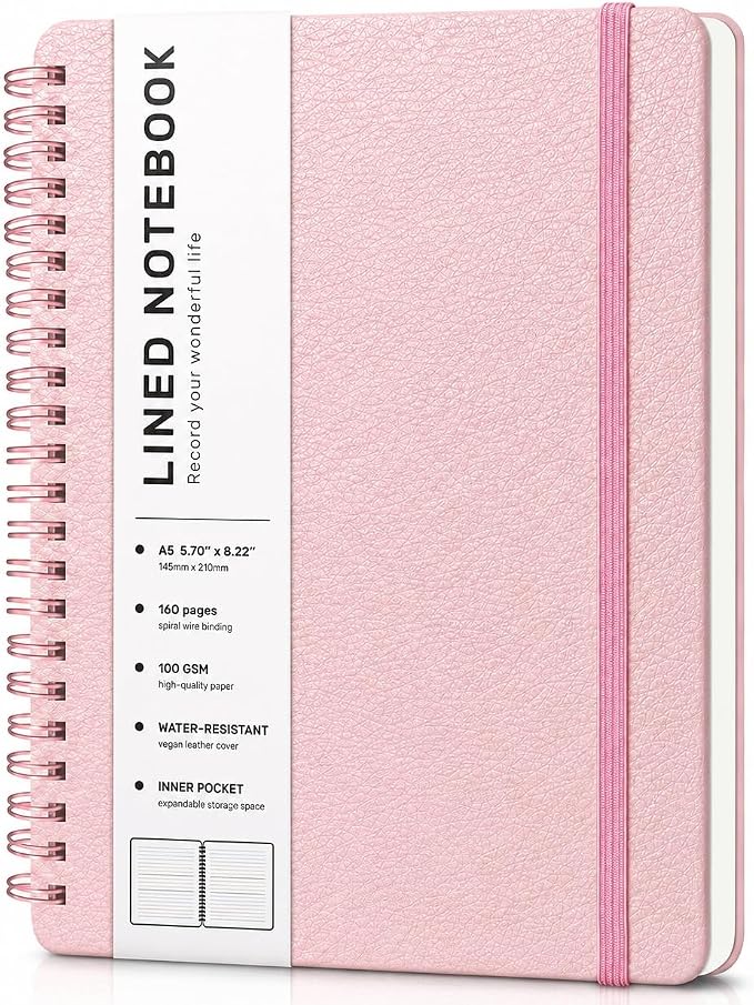 Lined Spiral Notebook for Women, A5 College Ruled Leather Spiral Journals | 160 Pages Small Journaling Notebooks, 5.7"x11" Note Book for Writing, Work, School, Men, Hardcover Leather Journals, Pink