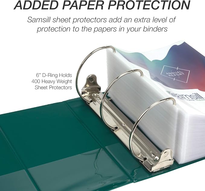 Samsill Durable 6 inch 3 Ring Binder, Locking D Ring Binder, Customizable Clear View Cover, Green, Holds 1225 Pages