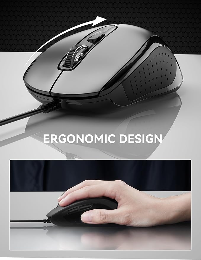 TECKNET USB-A Wired Mouse for Laptop Computer with 6-Button,Home and Office 5FT Corded Mouse, 3600DPI Ergo-Optic Shape PC Mouse Wired for Chromebook,PC,Desktop,Notebook- Grey