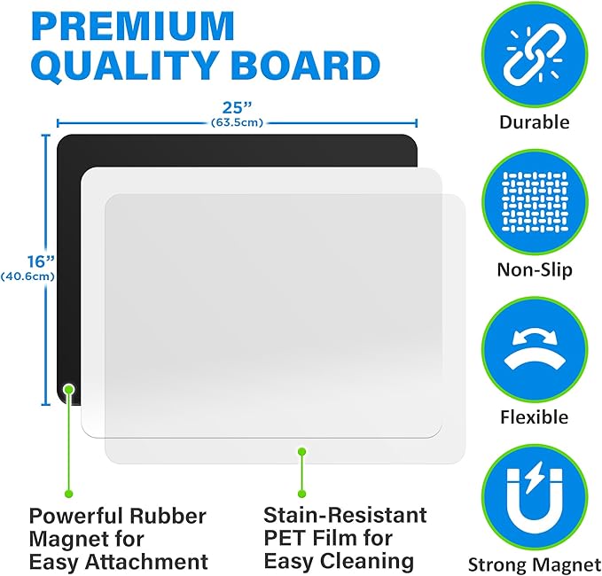 Extra Large Magnetic Dry Erase White Board Sheet for Fridge - 25x16 - Stain Resistant Technology with 3 Markers & Big Eraser with Magnet - Refrigerator Whiteboard Planner Organizer - by Yes4Quality