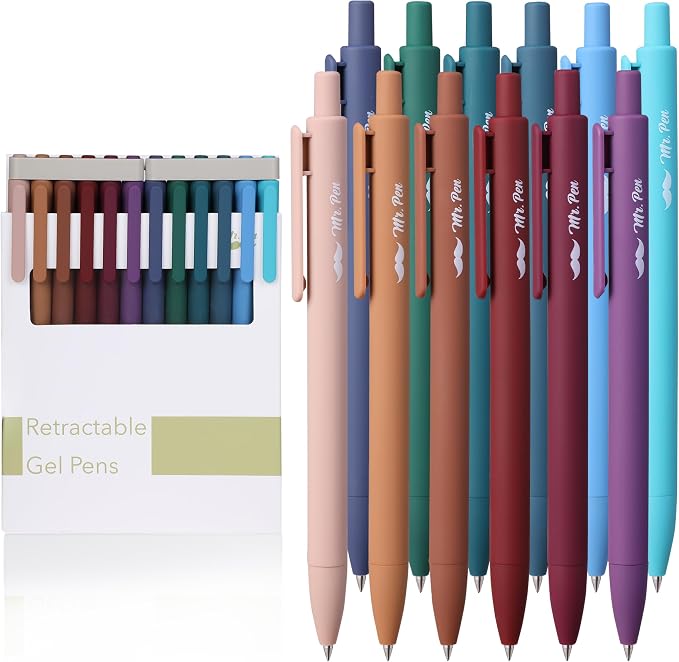 Mr. Pen- Retractable Gel Pens, 12 Pack, Dark Vintage Ink, Fine Point 0.7mm | Fast Dry, Smooth Writing, Cute Pens for Drawing, Writing Planner and School Supplies