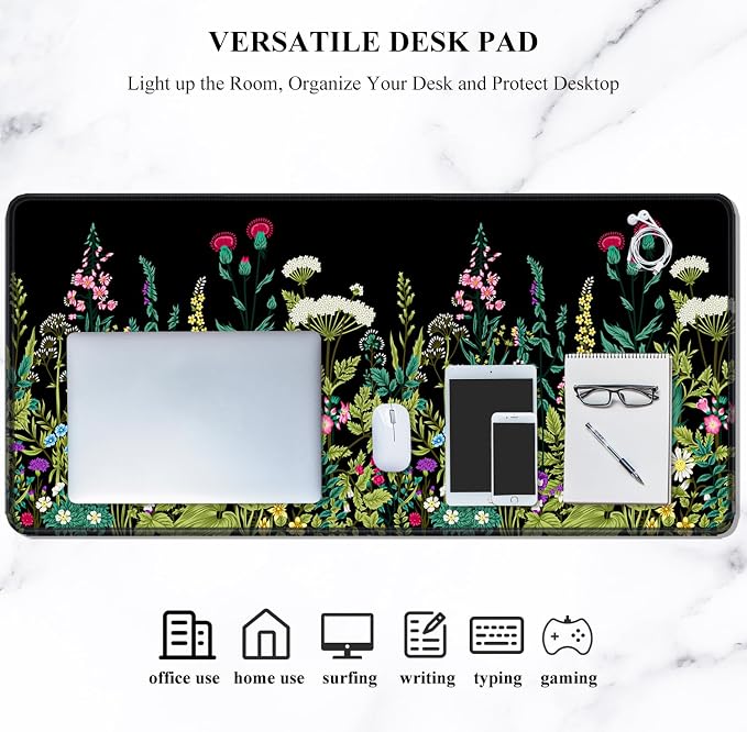 Auhoahsil Desk Pad, XXL Large Mouse Pad, Extended Gaming Mousepad, Cute Desk Mat for Women, Big Office Accessories Mouse Pad for Computer Keyboard and Laptop, 35.6" x 15.7", Black Wildflower Night