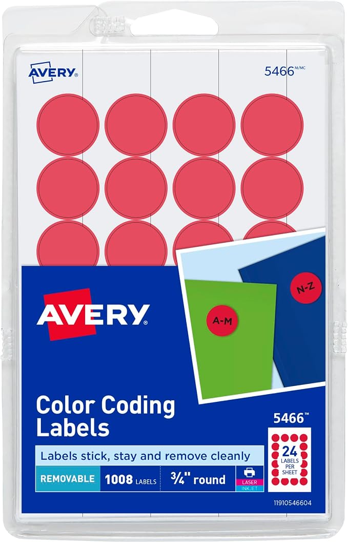 Avery Print/Write Self-Adhesive Removable Labels, 0.75 Inch Diameter, Red, 1008 per Pack (5466)