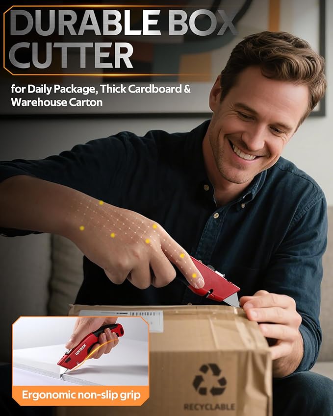 VOTREK® 2-Pack Box Cutter Utility Knife, [2-in-1] Retractable Box Cutter, Heavy Duty Safety Sharp Razor Knife for Home & Warehouse Cardboard, Carpet, [Blade Storage], with Extra Razor & Hook Blades