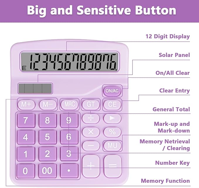 Cute Purple Desktop Calculator with Big Buttons, Dual Power Source, Solar and Battery, Large Display Screen - Perfect for Office, Teachers, and Students (Purple)