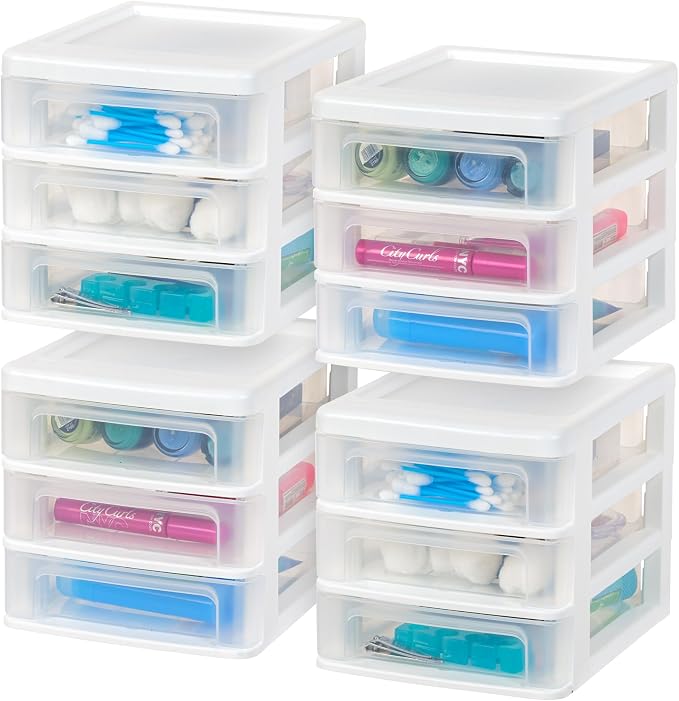 IRIS USA 4-Pack 3-Drawer Small Desktop Organizer, Stackable, White | Keep dorm desks tidy with drawers for school supplies, makeup, chargers, snacks and everyday college essentials
