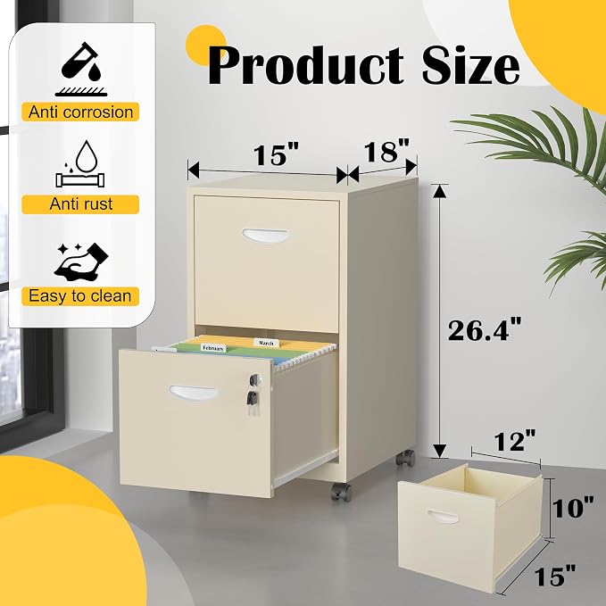 SteeLoong 2 Drawer File Cabinet,Metal Mobile File Cabinet with Lock Cream | Filing Cabinet with Wheel,Vertical File Cabinet for Home Office,Under Desk Rolling File Cabinets for Hanging Letter/A4