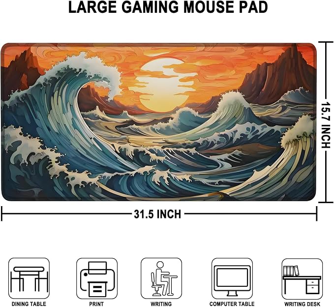 Gaming Mouse Pad, Waterproof Extra Large Mousepad with Stitched Edges, 31.5" x 15.7" Non-Slip Rubber Base Office Big Long Keyboard Pad for Office Gamer Home XXL, (Waves Sunset)