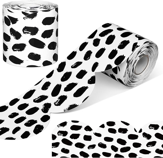 Zonon 65 Feet Bulletin Board Borders, Scalloped Black White Dots Classroom | White with Black Dots Pattern, Scalloped Edge Trim, Perfect for Classroom Bulletin Board Displays, Back to School Decoration