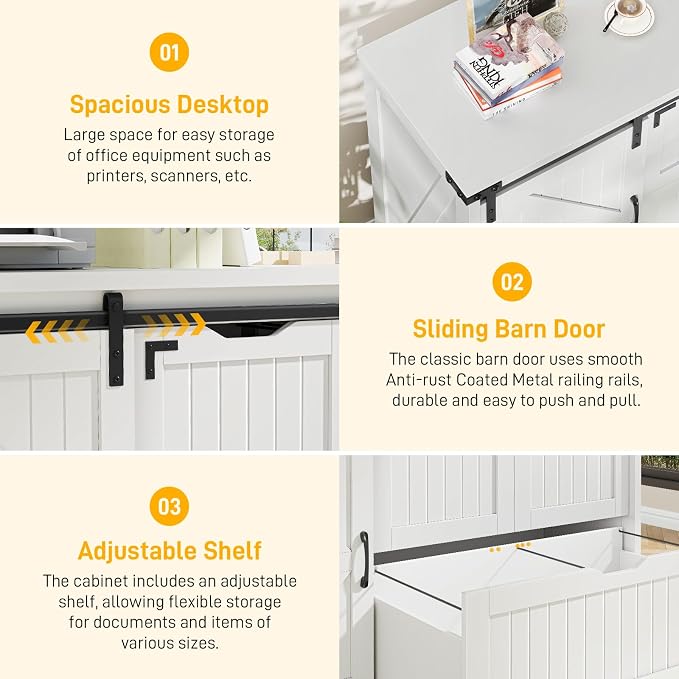 Halitaa 47.8” Farmhouse File Cabinet with Sliding Barn Door, Cream White | Lateral Filing Storage Cabinets with Adjustable Shelf, 3 Drawers,Office Printer Stand for Hanging Files Letter/Legal/A4/F4