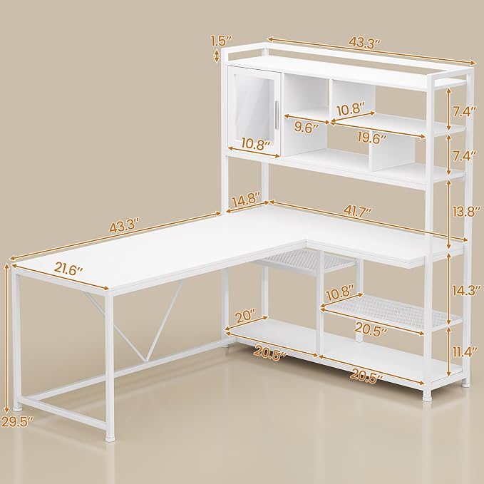 SEDETA L Shaped Computer Desk with Storage Shelves and Bookshelf, White | 58'' Reversible Office Desk with LED Light, Glass Door Cubby, L Shaped Corner Desk for Gaming, Two Monitors, Small Space