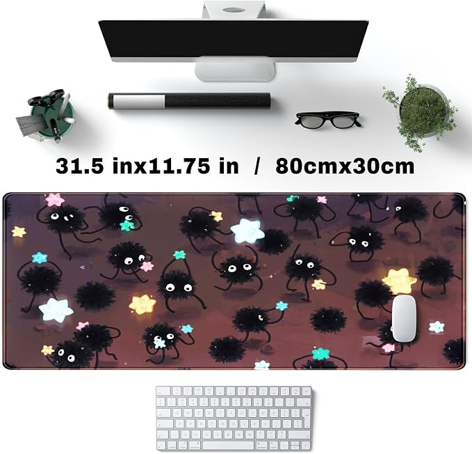 YKJWW Desk Pad Anime Black Pom Gaming Large Mouse Pad for Women Dask Mat | Desk Pad Office Decor Exclusive Beautiful Girls Mouse Pad Desktop with Stitched Edges Non-Slip Computer Mat 31.5x11.8In