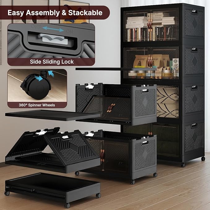 Stackable Storage Bins with Lids, 720QT Lockable Storage Cabinet | Foldable Storage Box with Doors and Wheels, Plastic Drawers for Home, Garage, Office (4, Black, Extra Large)