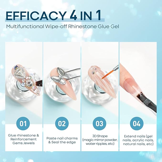 modelones Rhinestone Glue No Wipe Nail Gem Glue Super Strong Adhesive with Nail Charms & Dual-Use Brush, 2×5 ml
