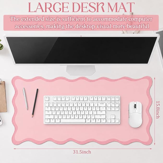 Hahafelt Scalloped Desk Mat Waterproof,Light Pink,31.5 X 15.8 Inches | Coquette Preppy Style for School Office Makeup Vanity, Nonslip Gaming Desktop Protector with Scalloped Stitched Edge Mat