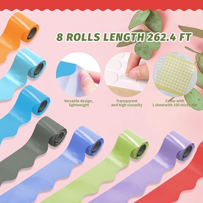 8 Rolls 262.4 Ft Bright Bulletin Board Borders Set - Decorations for Office, School Classroom Decor, Teachers & Home DIY - Posters & Birthday Parties - Board Trim （Aesthetic Color）