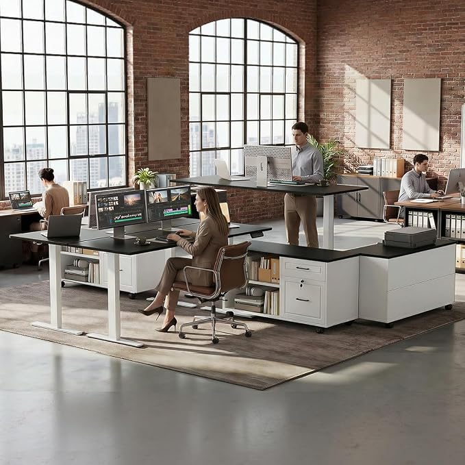 55" L Shaped Electric Standing Desk with Cabinet Sets, Black/White | Mobile Drawers & File Cabinet Sets for Flexible Layout, Height Adjustable Executive Stand Up Desk for Home Office Workstation