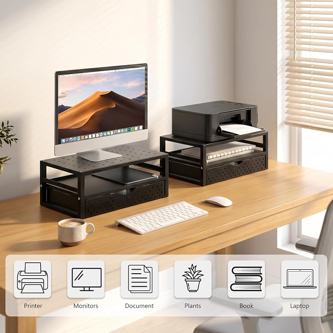 WALI Monitor Stand Riser with Drawer | Desk Organizers and Accessories for Computer, Printer, Laptop Stand for Home Office Supplies, (PTT005-B), 1 Pack, Black