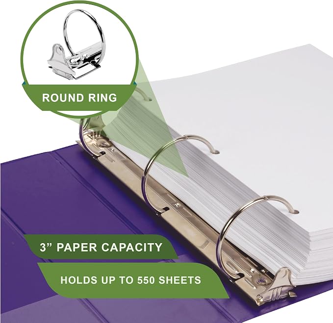 Samsill Earth’s Choice™, Durable Fashion Color 3 Ring View Binder, 3 Inch Round Ring, Up to 25% Plant Based Plastic, Eco-Friendly, USDA Certified Biobased, Purple, Value 2 Pack (U86808)