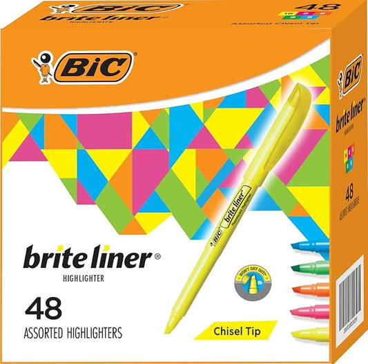 BIC Brite Liner Colored Highlighters, Chisel Tip, 5 Assorted Colors 48 Pack | School Supplies for Students and Teachers, Ideal for Notes, Textbooks, and Classroom Use