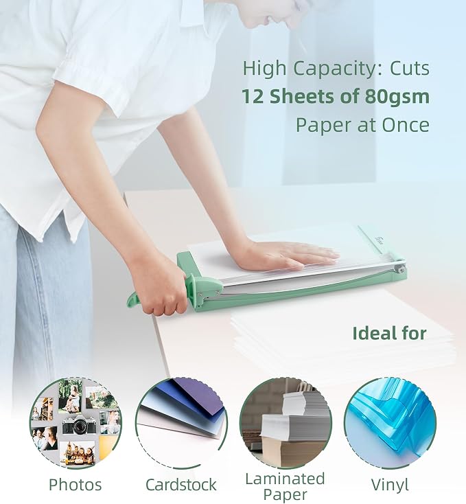 Firbon 12" Guillotine Paper Cutter with Hidden Ruler, Compact Paper Trimmer | 12-Sheet Capacity | Morandi | Dual Scale | Paper, Cardstock & Photo Trimming | Scrapbooking Craft | Office, Home & Studio Use