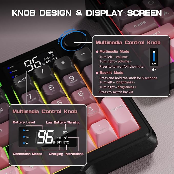 LexonElec M96 Wireless Keyboard, Low Profile Quiet Typing Membrane Gaming Keyboard with Smart Display & Knob, RGB Backlit, USB C Rechargeable, 94 Keys PBT Keycap for Windows PC, Mac, Linux-BlackBerry