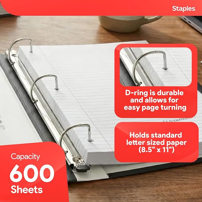 Staples Heavy-Duty 3-Inch D-Ring Binder, White – Large Capacity 3-Ring Binder with Pockets, Holds Up to 600 Sheets