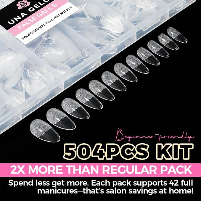 UNA GELLA Almond Gel Nail Tips 504PCS Pre-Etched Clear Fake Nails Tips | Medium Almond Shape 12 Sizes Full Cover Soft Acrylic Press On Nail Extensions No C Curve Gift for Diy at Home