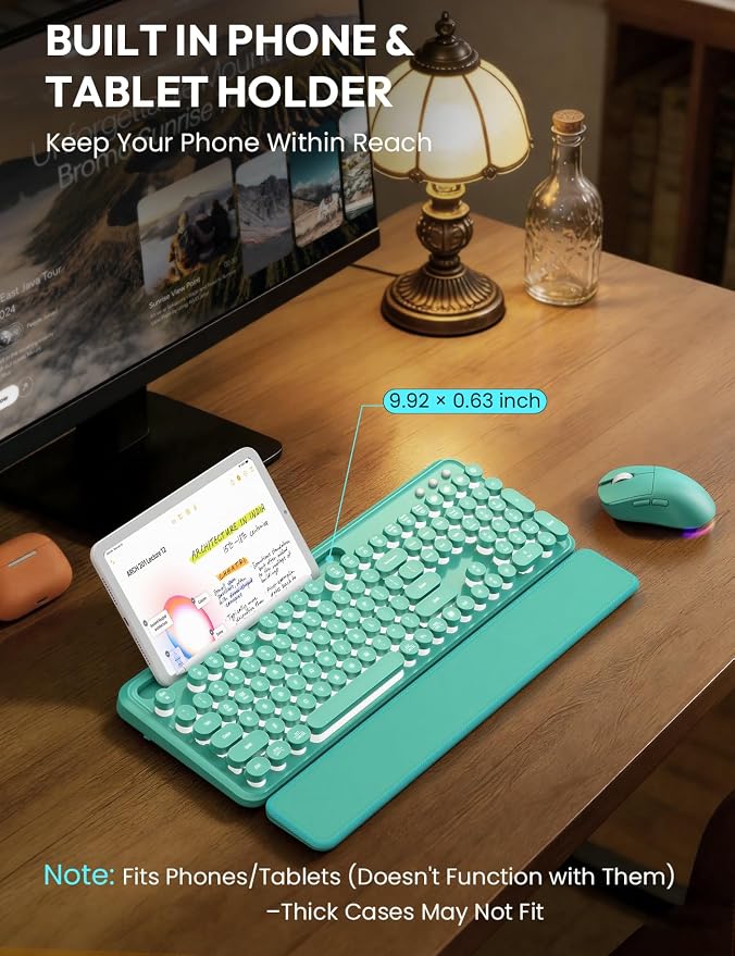 Wireless Keyboard and Mouse, Backlit Typewriter with Magnetic Wrist Rest | Phone Holder, Light Up Round Keycaps, Lighting Mouse, 2.4GHz Cordless Set for Mac, Windows, PC, Laptop, SABLUTE