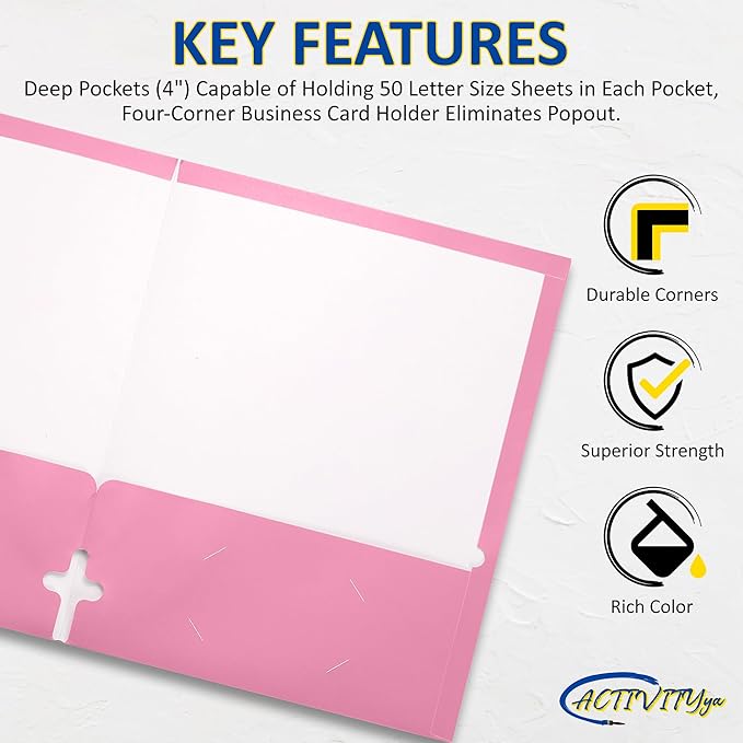 10 Pack Two Pocket Folders, Pink, Strong Thick Paper Folders, for Letter Size, by ACTIVITYya