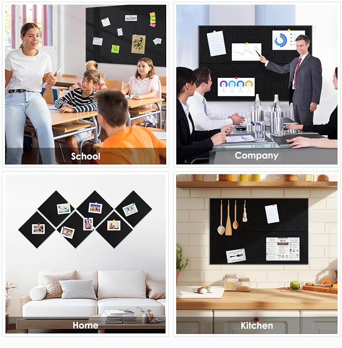 Large Cork Board for Walls |Cork Board Alternative|Felt Wall Tiles| Black Bulletin Board with Removable Adhesive | Cork Boards Pinboard for Office Home Classroom,36"x24",6 Pack,Black