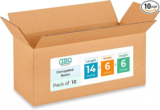Medium Moving & Shipping Boxes 14x6x6 inches (10-Pack) - Extra Strength 200 lb vs Regular - USA-Made Corrugated Boxes for Packaging - Durable Cardboard Box for Shipping - Packing Box by IDL Packaging