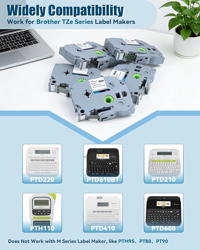 TZe-131 Label Maker Tape 12mm 0.47 Replacement for Brother P Touch 1/2 inch Label Tape, Black on Clear Ptouch PTD220 PTD200 PTD210 PTD400AD PTH100 Label Maker, 5-Pack