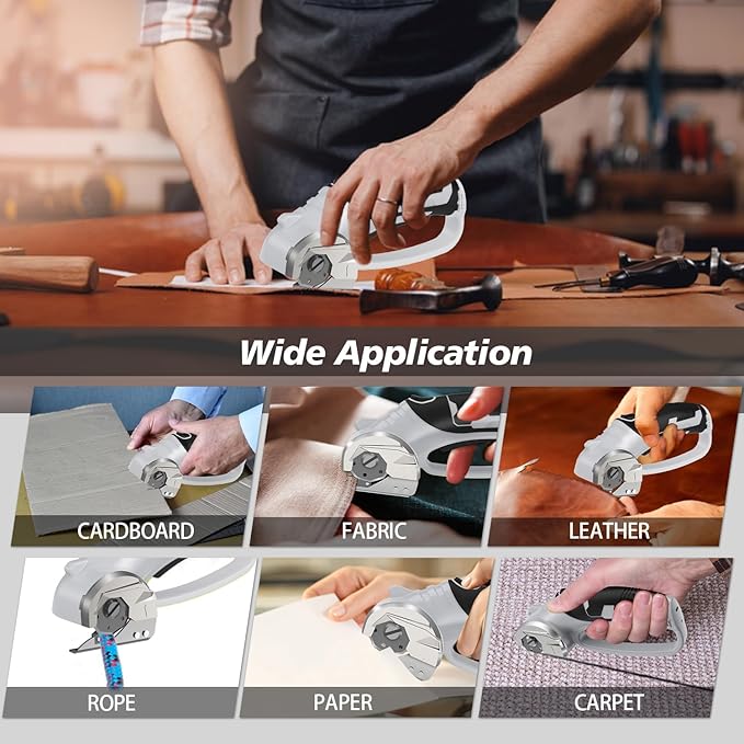 Cordless Electric Scissors, 4V Rechargeable Box Cutter & Cardboard Cutter with LED Light, Safety Lock - Rotary Cutter for Fabric, Leather, Carpet, Plastic, Crafting, Sewing with Storage Box (Grey)