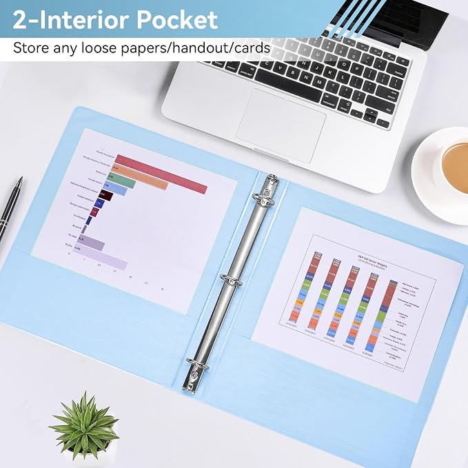 SUIN 1 Inch 3 Ring Binder, Clear 1'' View Presentation Binders with 2 Pockets, Fits 8.5 x 11 Letter Size, Durable Polypropylene, Non-Stick & PVC-Free for School, Office & Home (Brushed Blue)