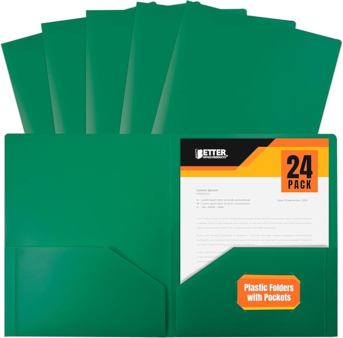 Better Office Products Heavyweight Plastic 2 Pocket Portfolio Folder, Letter Size Poly Folders 24 Pack (Green)