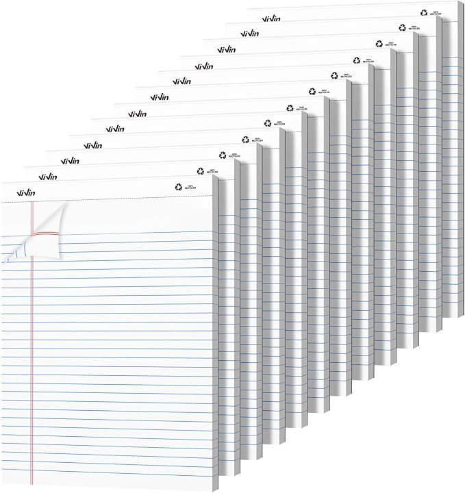 ViVin 12 Pack Legal Pads 8.5" x 11.75", Wide Ruled Note Pads, 30 Sheet/Pad | Perforated Writing Pads, Notepads for Office Home School, White Paper