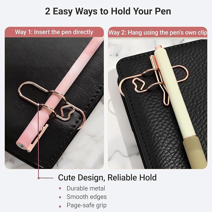 Metal Heart Pen Holder Paper Clip, 18 Pack Notebook & Journal Accessories | Fits pens up to 0.5", six metallic colors for notebooks, journals, planners, and clipboards