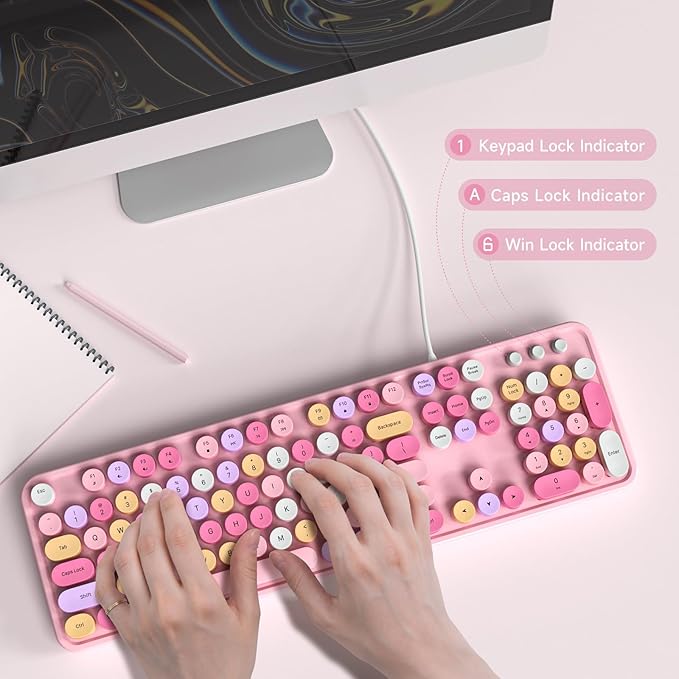 Computer Keyboard Wired, Plug and Play USB Retro Round Typewriter Keyboard, Full Size Wired Keyboard with Foldable Stands for Laptop and Office PC