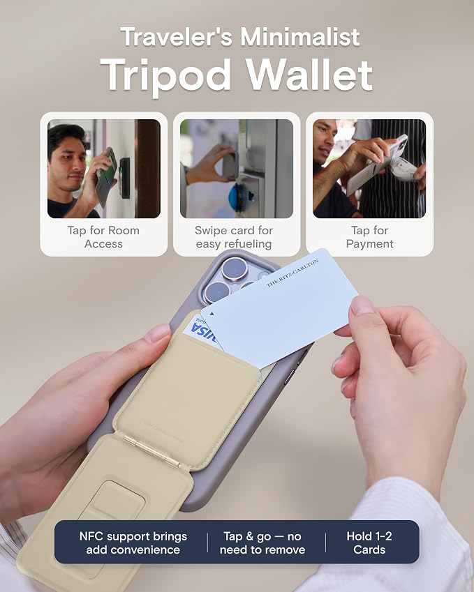 MOFT Phone Stand Wallet, NFC-Supported Tap-and-Go Card Holder, MOVAS Leather, Slim Magnetic Tripod for iPhone 17/16/15/14/13/12, Travel Essential Wallet Cell Phone Stand for 2 Cards, Earthen Beige