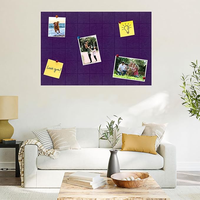 Large Square Felt Cork Board Tiles, Self Adhesive DIY Felt Bulletin Board Pin Board with 35 Pushpins for Office School Home Wall Decor Stickers Memos Photos Display (Purple)
