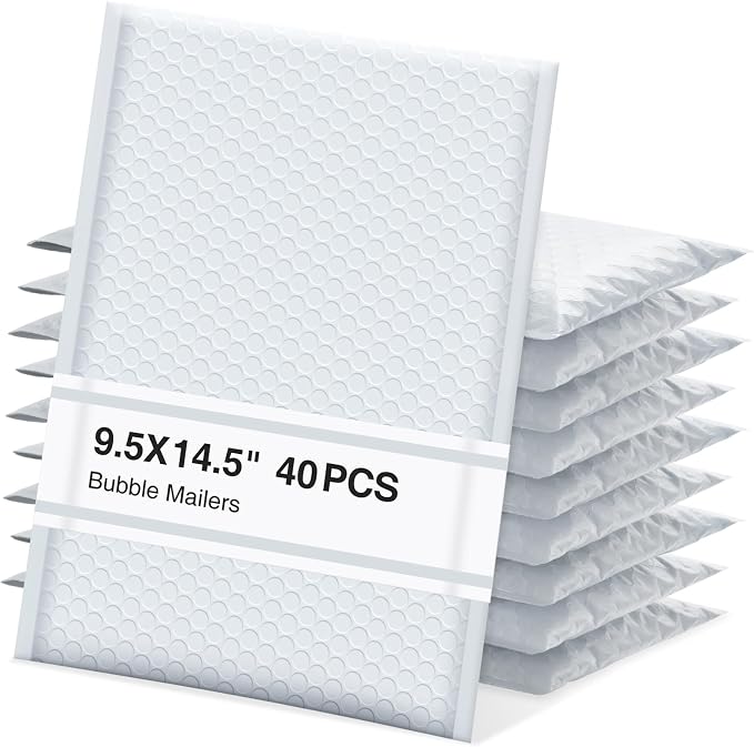 UCGOU Bubble Mailers 9.5x14.5" 40 Pack Usable Size 9.5x13.5" White Padded | Waterproof Self Seal Adhesive Large Padded Envelopes for Small Business Bubble Packaging Envelopes for Mailing Jewelry Makeup