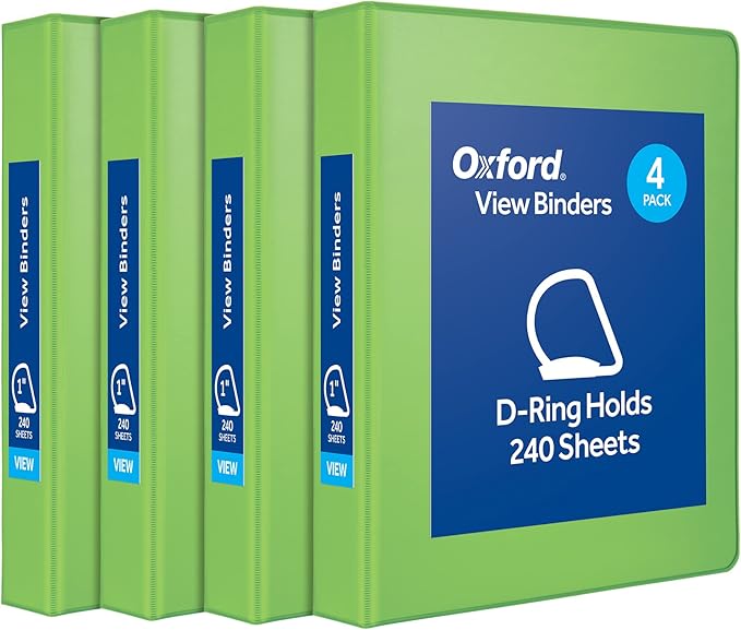 Oxford® 3 Ring Binders, Durable Binders for School and Office, Durable 1 inch D Rings, Holds 240 Sheets, ClearVue Presentation Binder, Green, 4PK